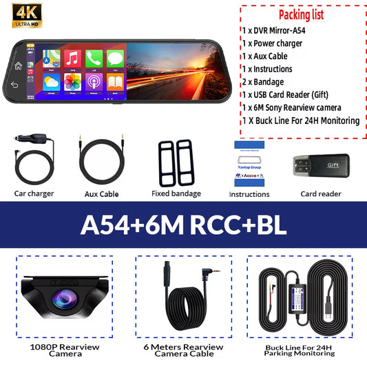 Dash Cam 4K Car Dvr Mirror Wireless Carplay & Android Auto Video Recorder 1080P Rear View Camera GPS Navigation WIFI Black Box