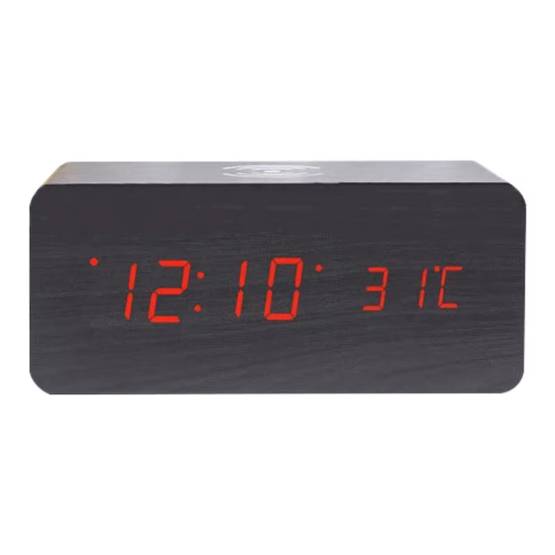 LED Electric Alarm Clock Digital Wooden Clocks with Phone Wireless Charger Snooze and Brightness Adjustable