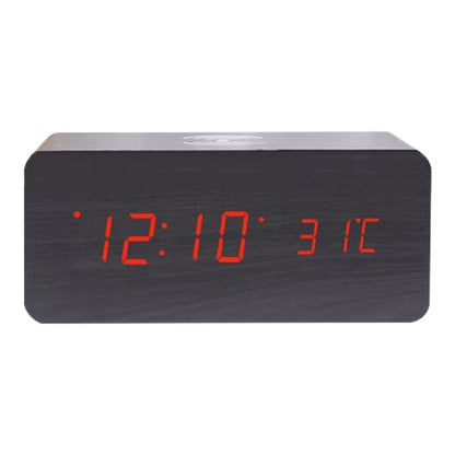 LED Electric Alarm Clock Digital Wooden Clocks with Phone Wireless Charger Snooze and Brightness Adjustable