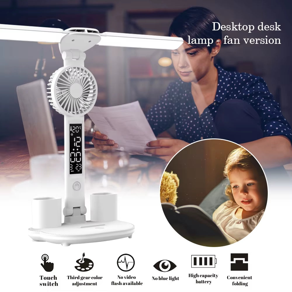 3In1 Multifunction LED Desk Lamp Double Headed Folding Light with Wireless Charger Dimmable Eye-Caring USB Rechargeable Office