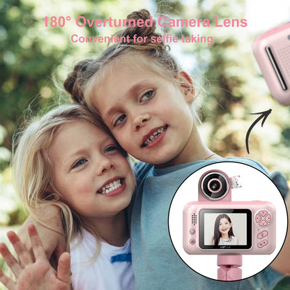 1080P Kids Digital Camera 40MP 2.4 Inch IPS Screen 180° Rotatable Lens with Neck Strap 32G Card Tripod Birthday Christmas Gift