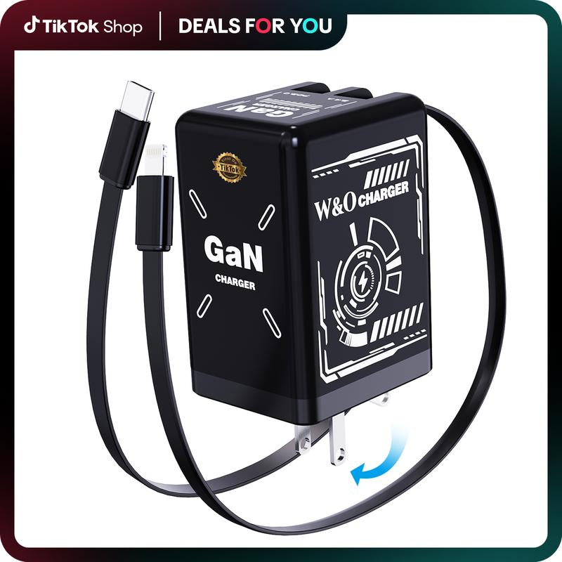 Gan Tech Compatible with 120W 2-In-1 Fast Charger with Retractable Type-C + Lightning Cable, Compact Foldable Charging Block for Iphone, Ipad, Macbook, Galaxy & Multi-Device Charging