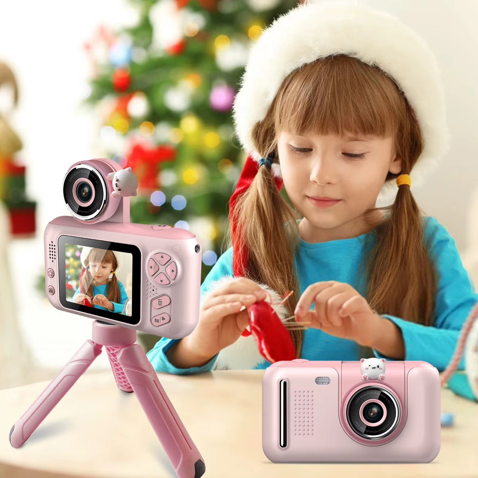 1080P Kids Digital Camera 40MP 2.4 Inch IPS Screen 180° Rotatable Lens with Neck Strap 32G Card Tripod Birthday Christmas Gift