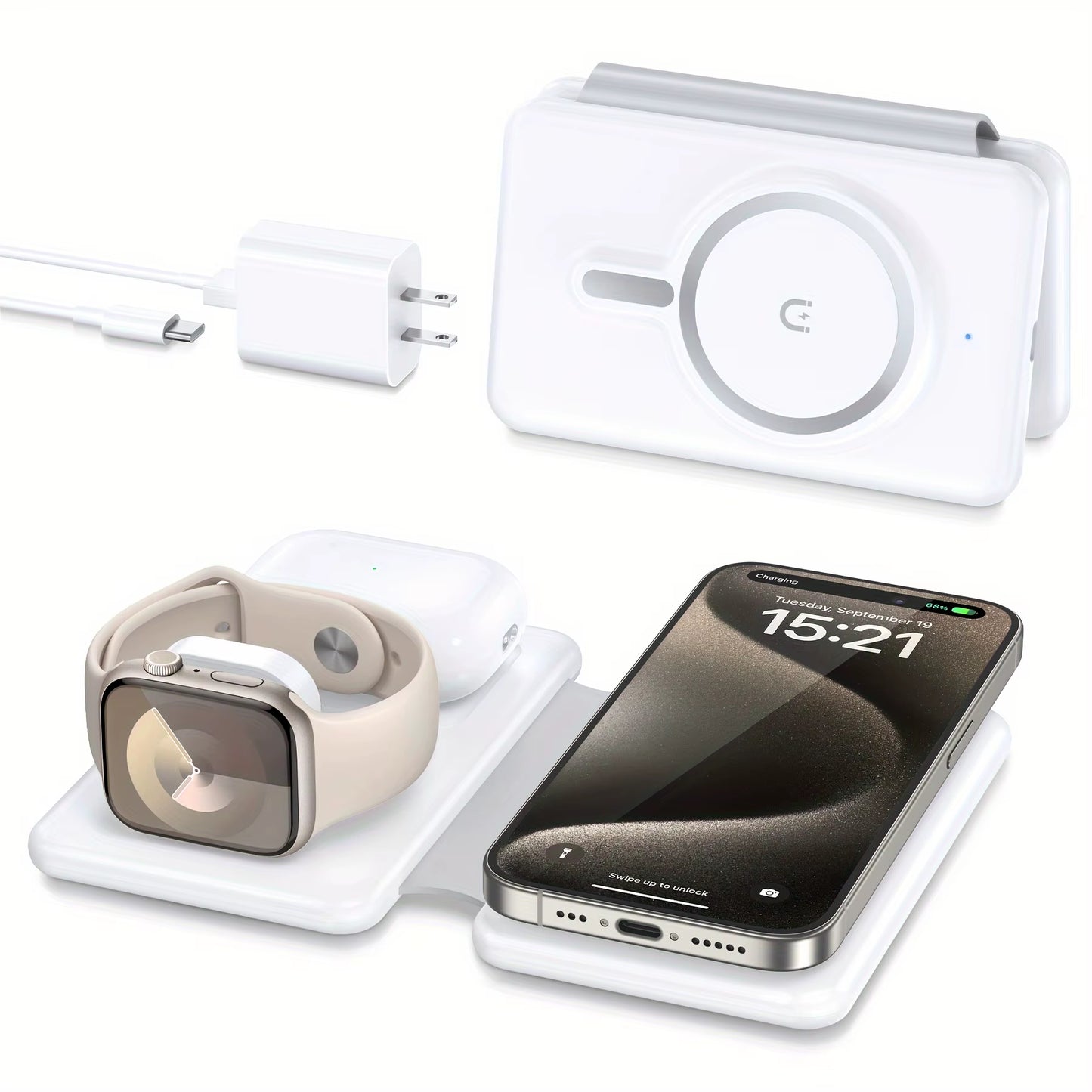 Cell Phone Wireless Charger - 3-In-1 Travel Charging Station for Multiple Devices, Portable Foldable Magnetic Charging Pad