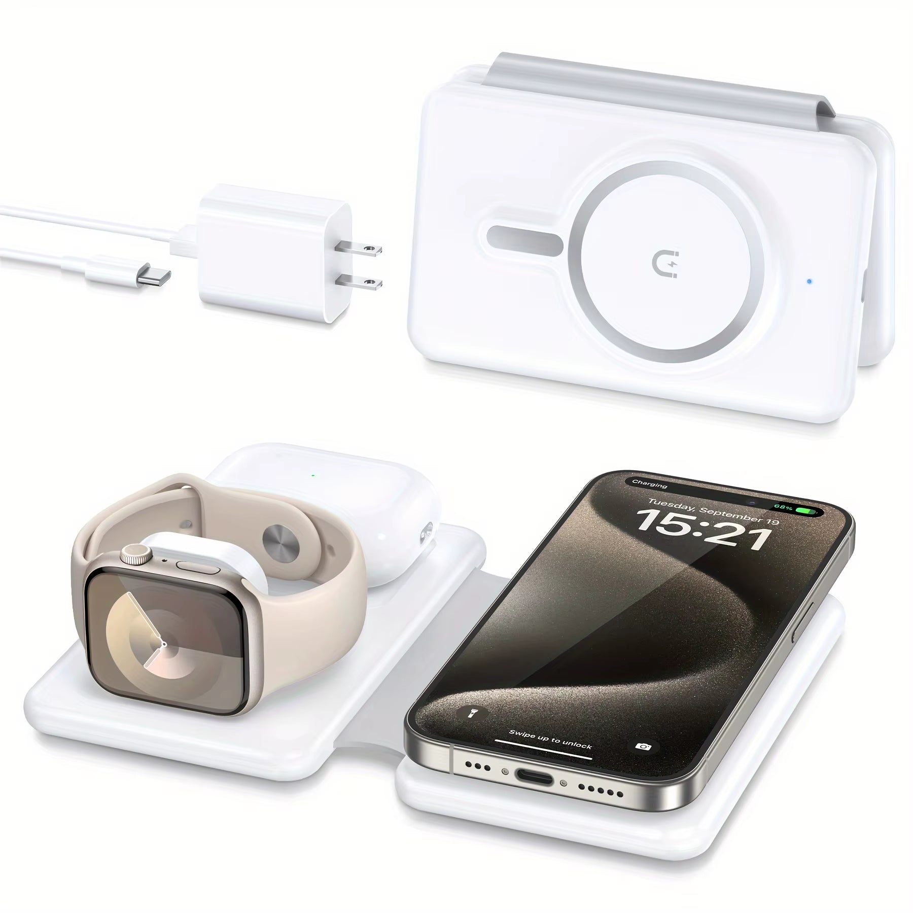 Cell Phone Wireless Charger - 3-In-1 Travel Charging Station for Multiple Devices, Portable Foldable Magnetic Charging Pad