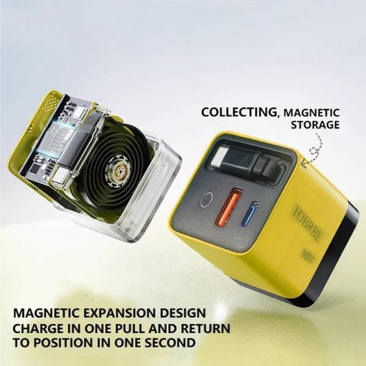 Tobrbe 80W Gan 3-In-1 Charger with Foldable Plug, Dual Ports Wall Charger for Laptops, Phones, Tablets, Portable Yellow Charging Block