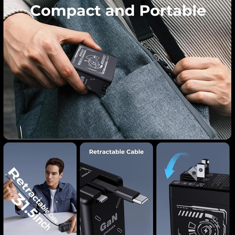 Gan Tech Compatible with 120W 2-In-1 Fast Charger with Retractable Type-C + Lightning Cable, Compact Foldable Charging Block for Iphone, Ipad, Macbook, Galaxy & Multi-Device Charging