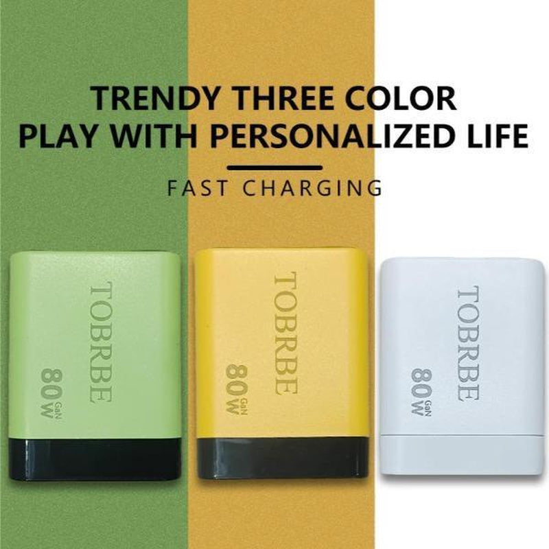 Tobrbe 80W Gan 3-In-1 Charger with Foldable Plug, Dual Ports Wall Charger for Laptops, Phones, Tablets, Portable Yellow Charging Block