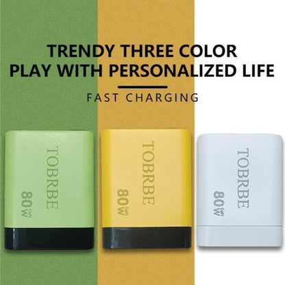 Tobrbe 80W Gan 3-In-1 Charger with Foldable Plug, Dual Ports Wall Charger for Laptops, Phones, Tablets, Portable Yellow Charging Block