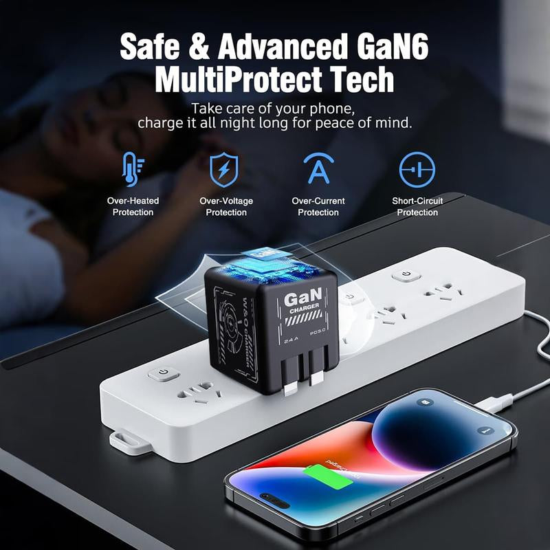 Gan Tech Compatible with 120W 2-In-1 Fast Charger with Retractable Type-C + Lightning Cable, Compact Foldable Charging Block for Iphone, Ipad, Macbook, Galaxy & Multi-Device Charging