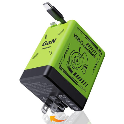 Gan Tech Compatible with 120W 2-In-1 Fast Charger with Retractable Type-C + Lightning Cable, Compact Foldable Charging Block for Iphone, Ipad, Macbook, Galaxy & Multi-Device Charging