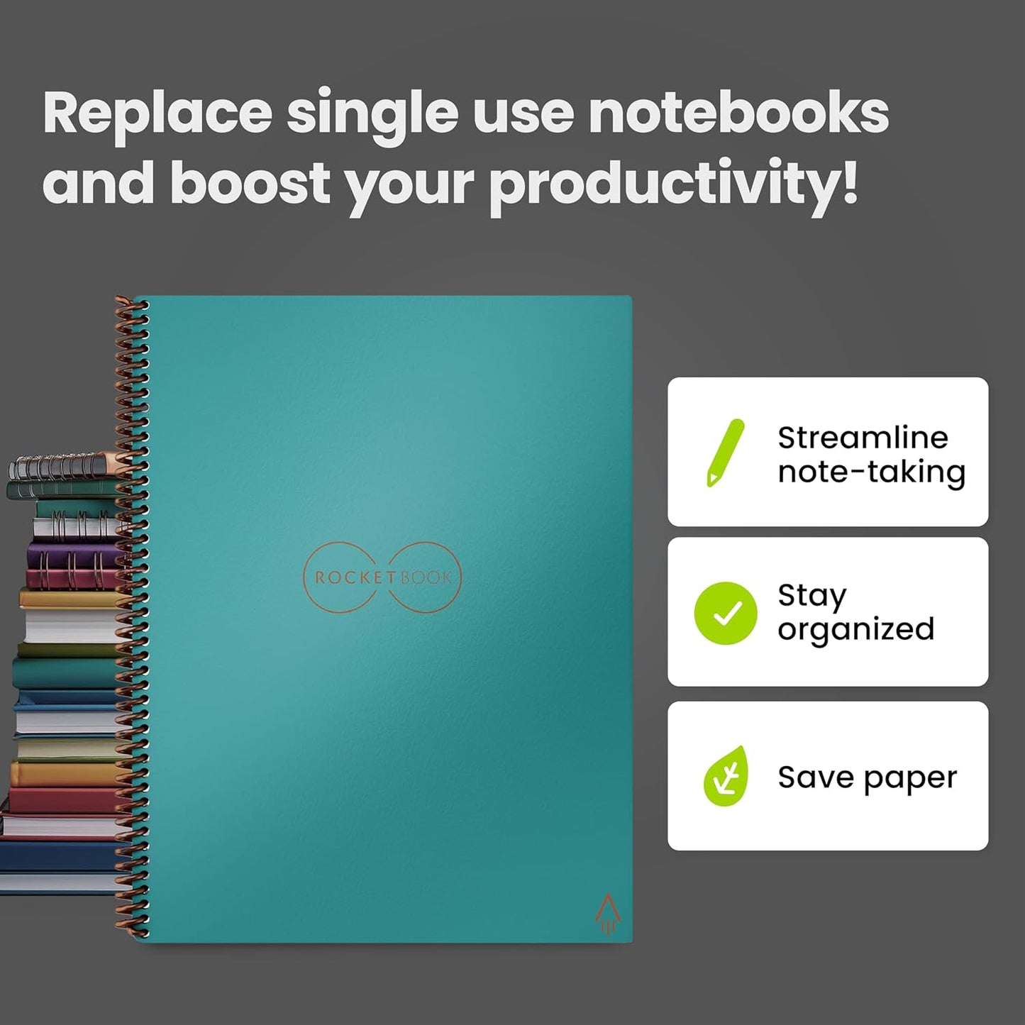 Core Reusable Spiral Notebook, Letter Size 8.5X11, Teal - Lined Pages, App-Connected, Erasable, Durable Cover, Ideal for School, Work, and Creative Projects