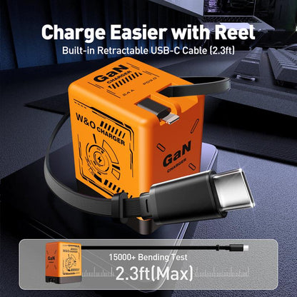 Gan Tech Compatible with 120W 2-In-1 Fast Charger with Retractable Type-C + Lightning Cable, Compact Foldable Charging Block for Iphone, Ipad, Macbook, Galaxy & Multi-Device Charging