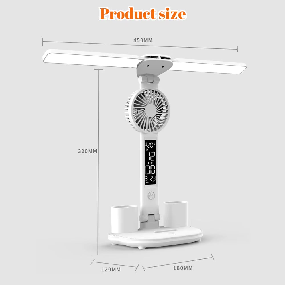 3In1 Multifunction LED Desk Lamp Double Headed Folding Light with Wireless Charger Dimmable Eye-Caring USB Rechargeable Office