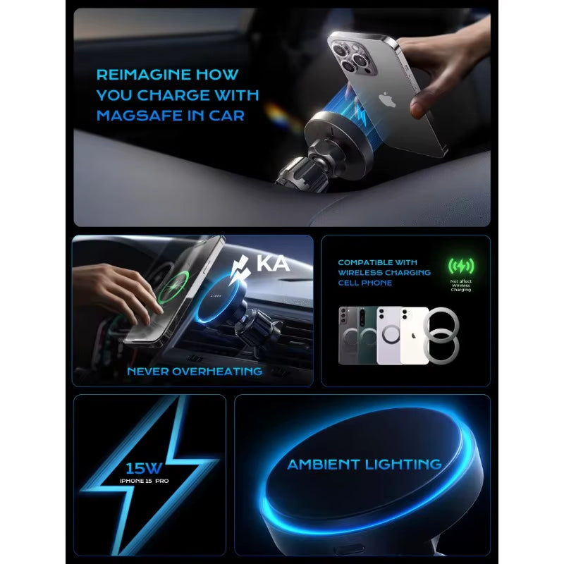 for Magsafe Car Mount Charger Wireless Car Charger Hands Free 15W Magnetic Car Phone Charger for Iphone Vent Phone Mount