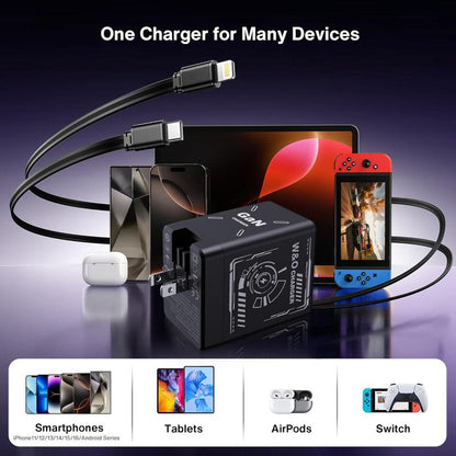 Gan Tech Compatible with 120W 2-In-1 Fast Charger with Retractable Type-C + Lightning Cable, Compact Foldable Charging Block for Iphone, Ipad, Macbook, Galaxy & Multi-Device Charging