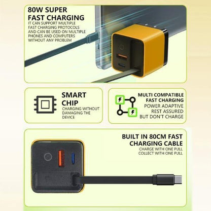 Tobrbe 80W Gan 3-In-1 Charger with Foldable Plug, Dual Ports Wall Charger for Laptops, Phones, Tablets, Portable Yellow Charging Block