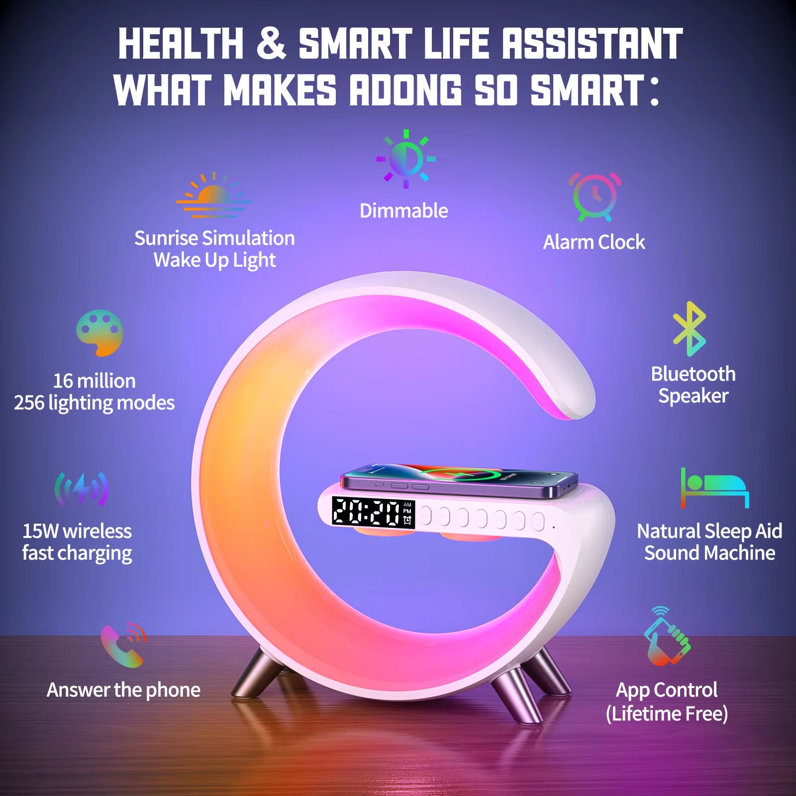 9 Inch Wireless Charger Stand Alarm Clock Bluetooth Speaker LED Lamp RGB Night Light for Iphone Samsung Fast Charging Station