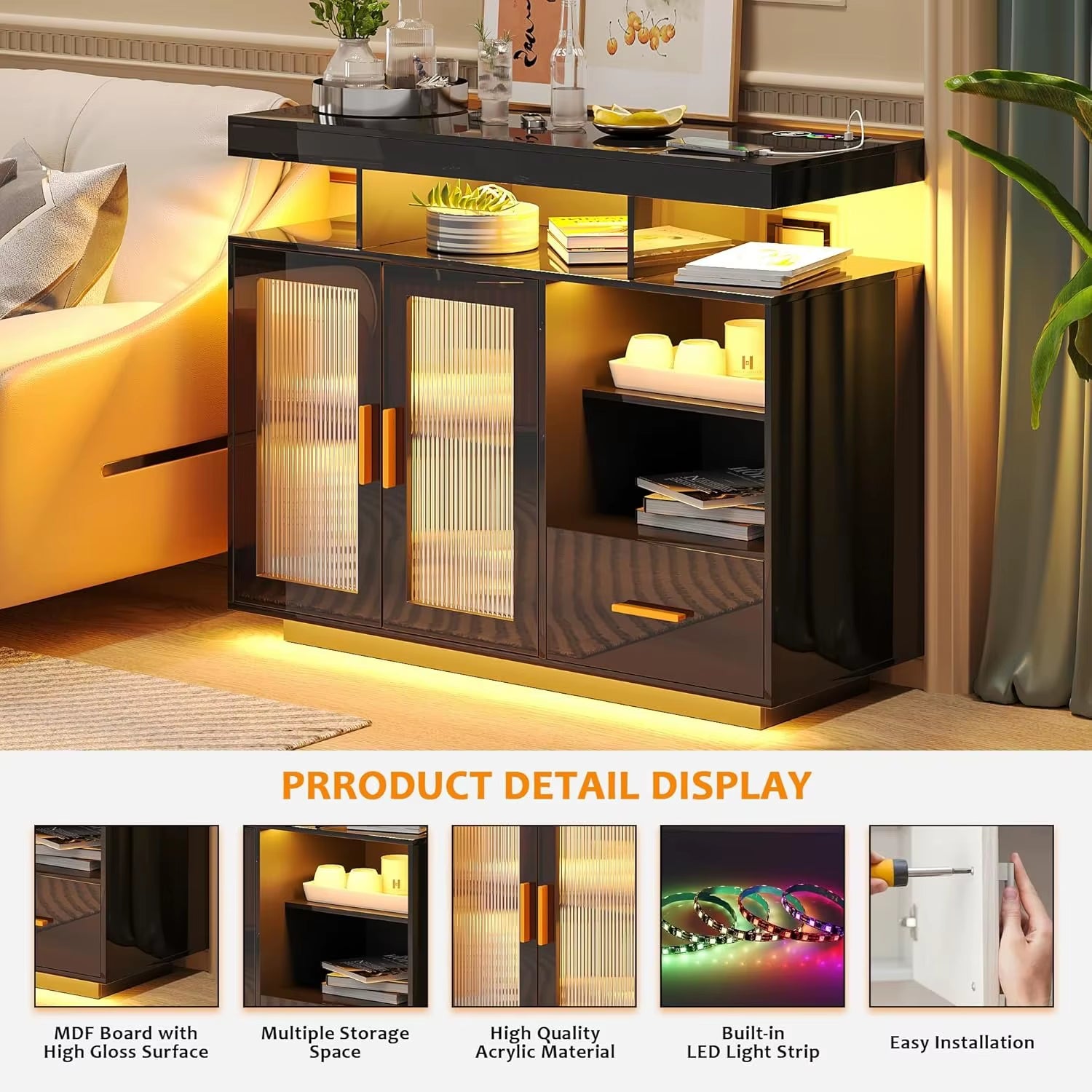 LED Sideboard Buffet Cabinet with Storage, Modern Coffee Bar Cabinet with Charging Station with Auto Sensor 24-Color Lights