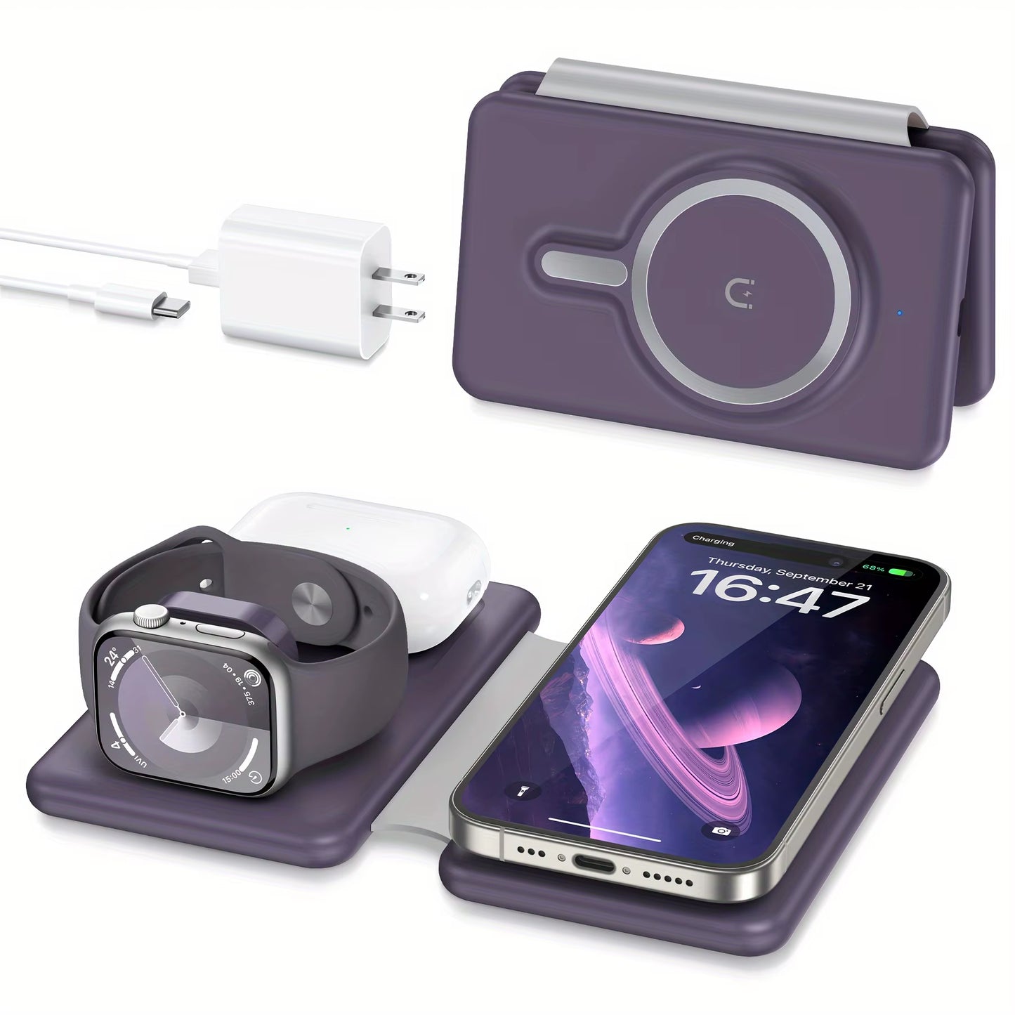 Cell Phone Wireless Charger - 3-In-1 Travel Charging Station for Multiple Devices, Portable Foldable Magnetic Charging Pad
