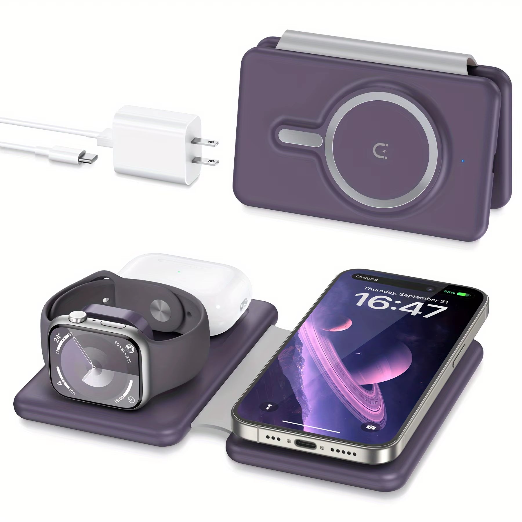 Cell Phone Wireless Charger - 3-In-1 Travel Charging Station for Multiple Devices, Portable Foldable Magnetic Charging Pad