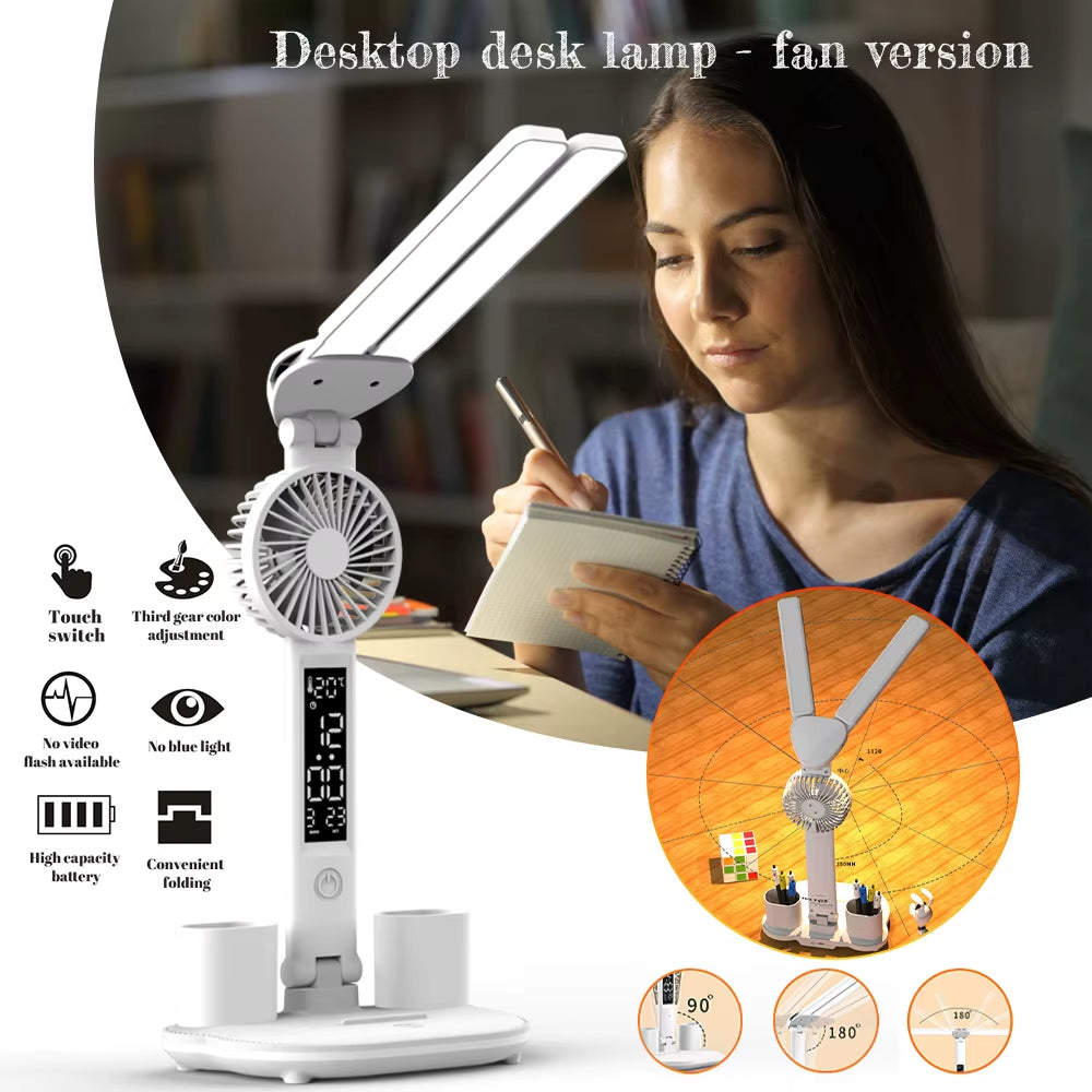 3In1 Multifunction LED Desk Lamp Double Headed Folding Light with Wireless Charger Dimmable Eye-Caring USB Rechargeable Office