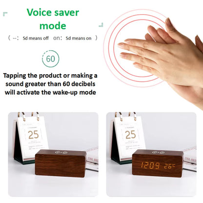 LED Electric Alarm Clock Digital Wooden Clocks with Phone Wireless Charger Snooze and Brightness Adjustable