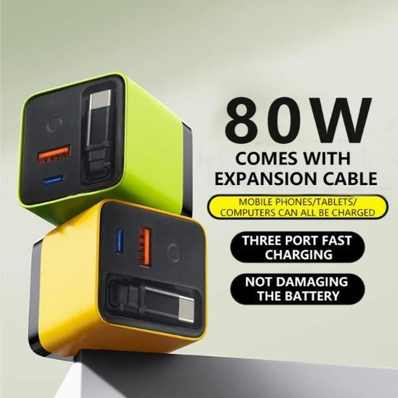 Tobrbe 80W Gan 3-In-1 Charger with Foldable Plug, Dual Ports Wall Charger for Laptops, Phones, Tablets, Portable Yellow Charging Block