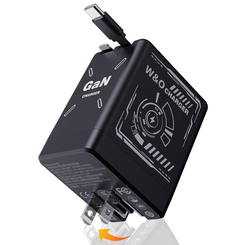 Gan Tech Compatible with 120W 2-In-1 Fast Charger with Retractable Type-C + Lightning Cable, Compact Foldable Charging Block for Iphone, Ipad, Macbook, Galaxy & Multi-Device Charging
