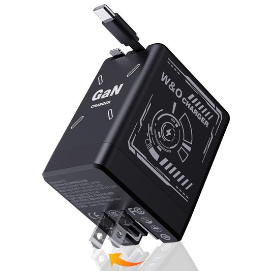 Gan Tech Compatible with 120W 2-In-1 Fast Charger with Retractable Type-C + Lightning Cable, Compact Foldable Charging Block for Iphone, Ipad, Macbook, Galaxy & Multi-Device Charging