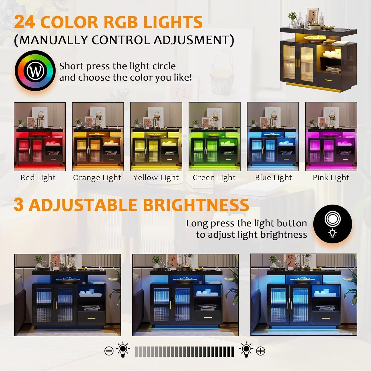 LED Sideboard Buffet Cabinet with Storage, Modern Coffee Bar Cabinet with Charging Station with Auto Sensor 24-Color Lights