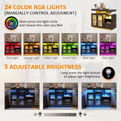 LED Sideboard Buffet Cabinet with Storage, Modern Coffee Bar Cabinet with Charging Station with Auto Sensor 24-Color Lights