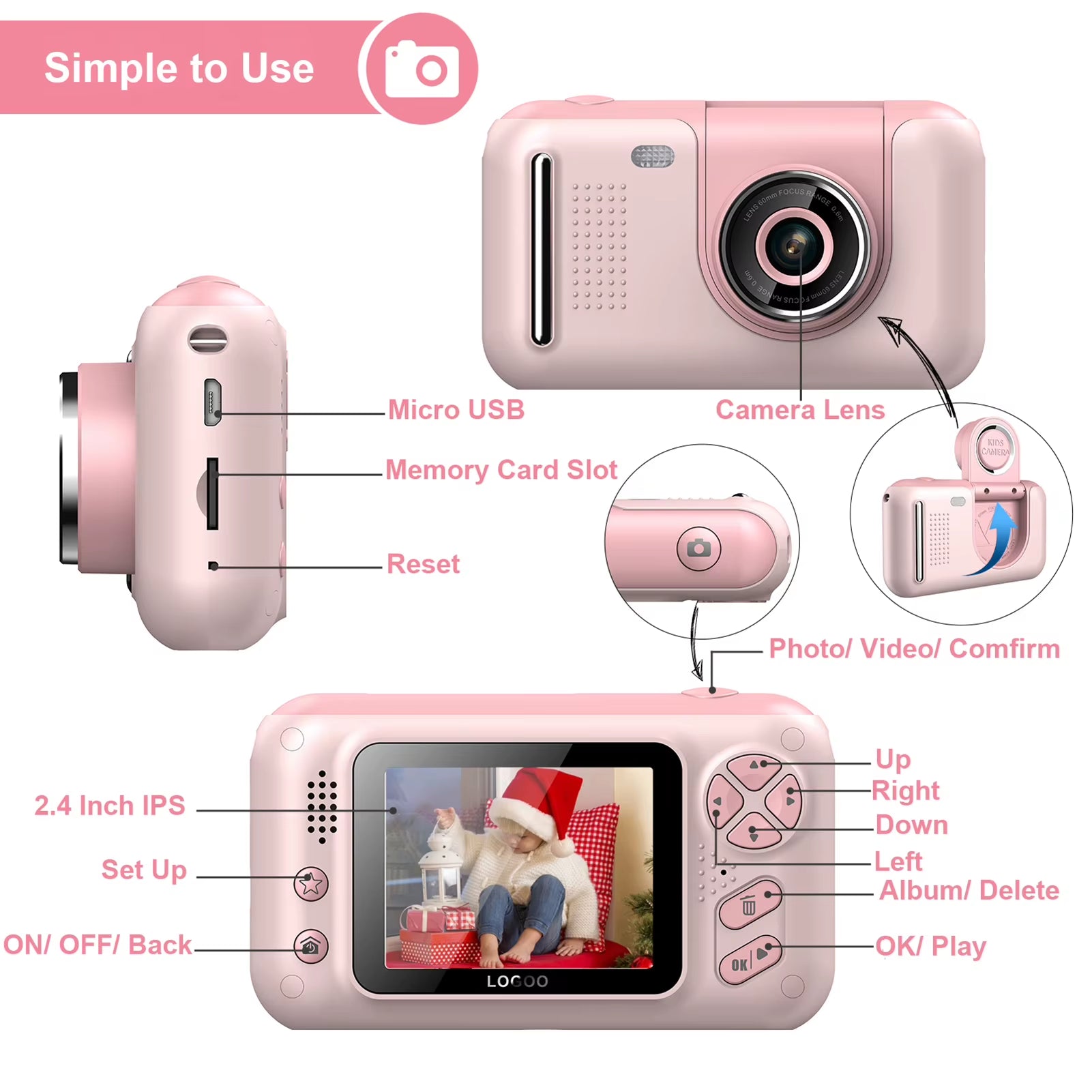 1080P Kids Digital Camera 40MP 2.4 Inch IPS Screen 180° Rotatable Lens with Neck Strap 32G Card Tripod Birthday Christmas Gift