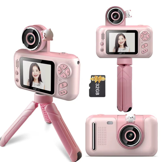 1080P Kids Digital Camera 40MP 2.4 Inch IPS Screen 180° Rotatable Lens with Neck Strap 32G Card Tripod Birthday Christmas Gift
