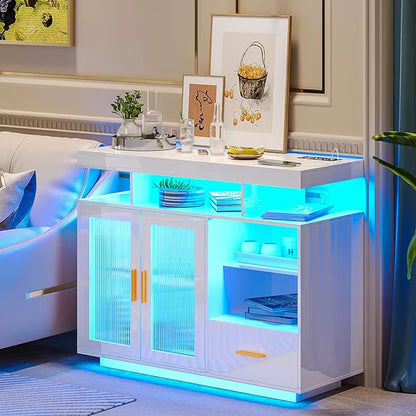 LED Sideboard Buffet Cabinet with Storage, Modern Coffee Bar Cabinet with Charging Station with Auto Sensor 24-Color Lights