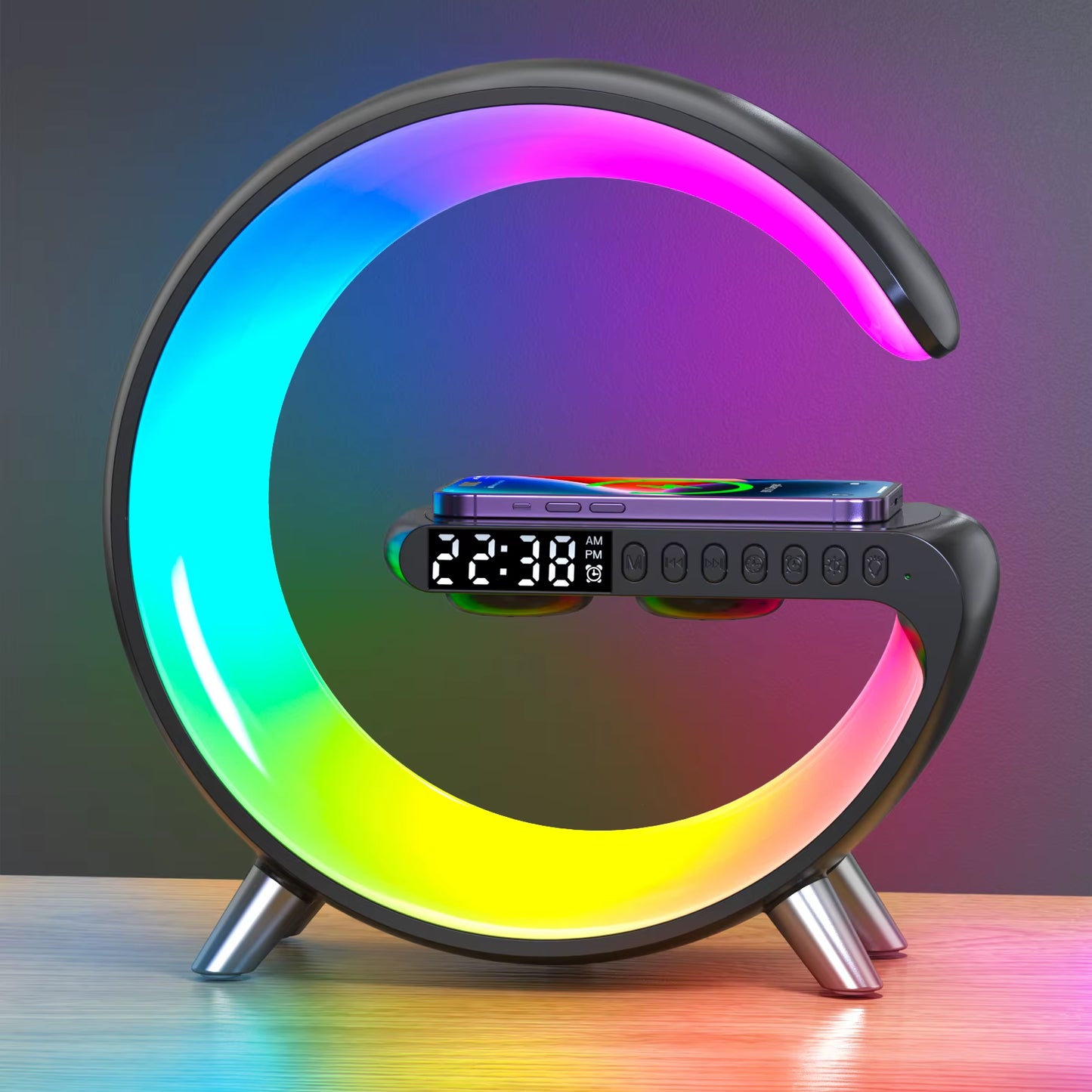 9 Inch Wireless Charger Stand Alarm Clock Bluetooth Speaker LED Lamp RGB Night Light for Iphone Samsung Fast Charging Station