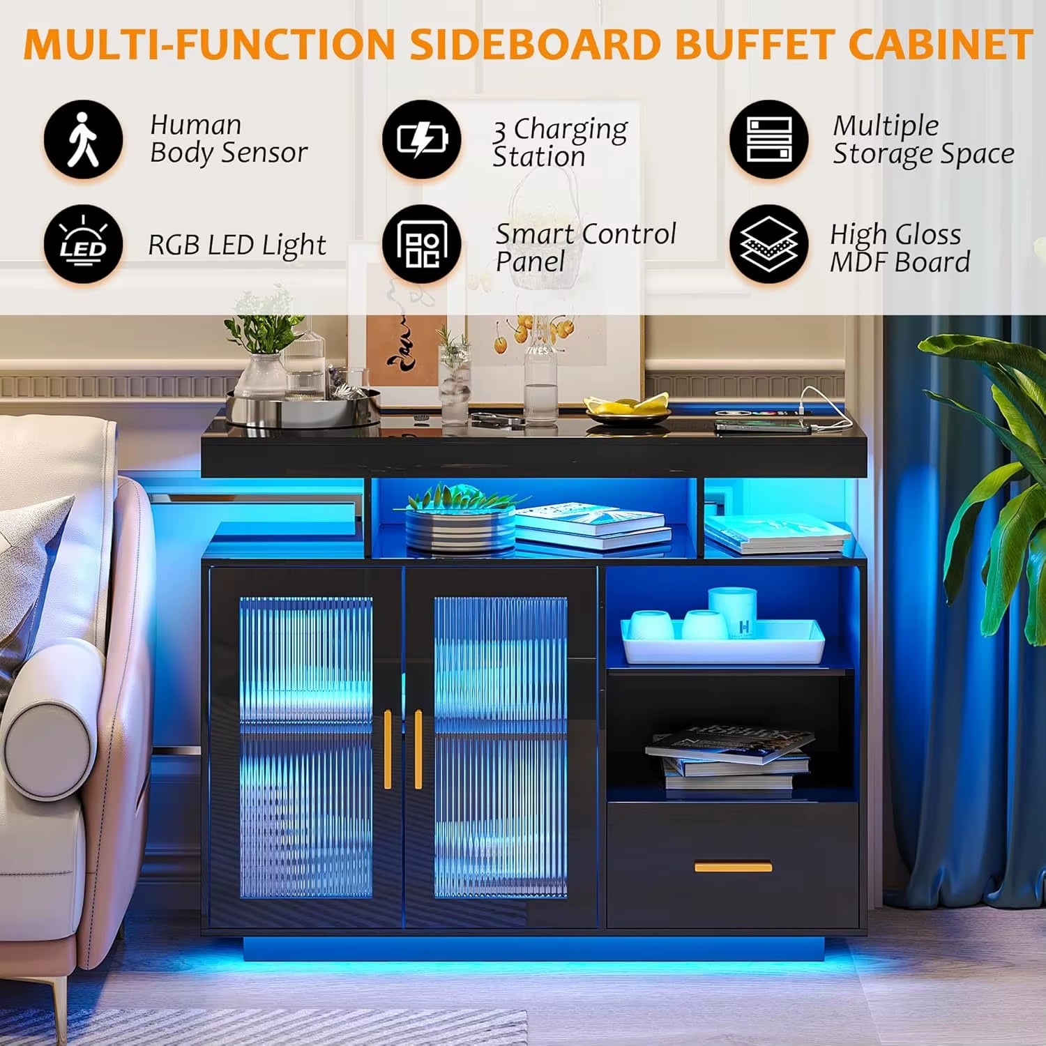 LED Sideboard Buffet Cabinet with Storage, Modern Coffee Bar Cabinet with Charging Station with Auto Sensor 24-Color Lights