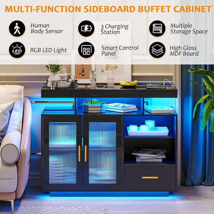 LED Sideboard Buffet Cabinet with Storage, Modern Coffee Bar Cabinet with Charging Station with Auto Sensor 24-Color Lights