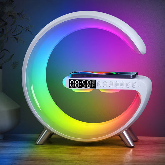 9 Inch Wireless Charger Stand Alarm Clock Bluetooth Speaker LED Lamp RGB Night Light for Iphone Samsung Fast Charging Station