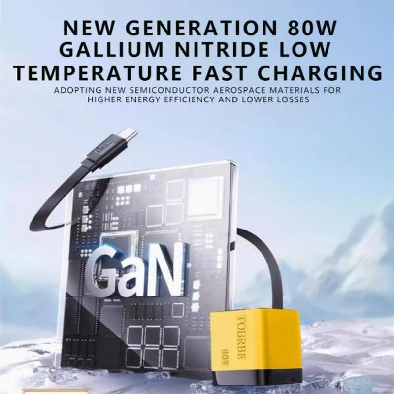 Tobrbe 80W Gan 3-In-1 Charger with Foldable Plug, Dual Ports Wall Charger for Laptops, Phones, Tablets, Portable Yellow Charging Block