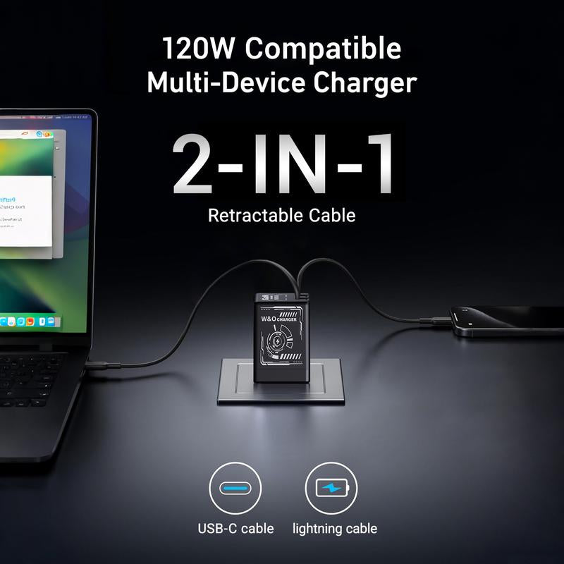 Gan Tech Compatible with 120W 2-In-1 Fast Charger with Retractable Type-C + Lightning Cable, Compact Foldable Charging Block for Iphone, Ipad, Macbook, Galaxy & Multi-Device Charging