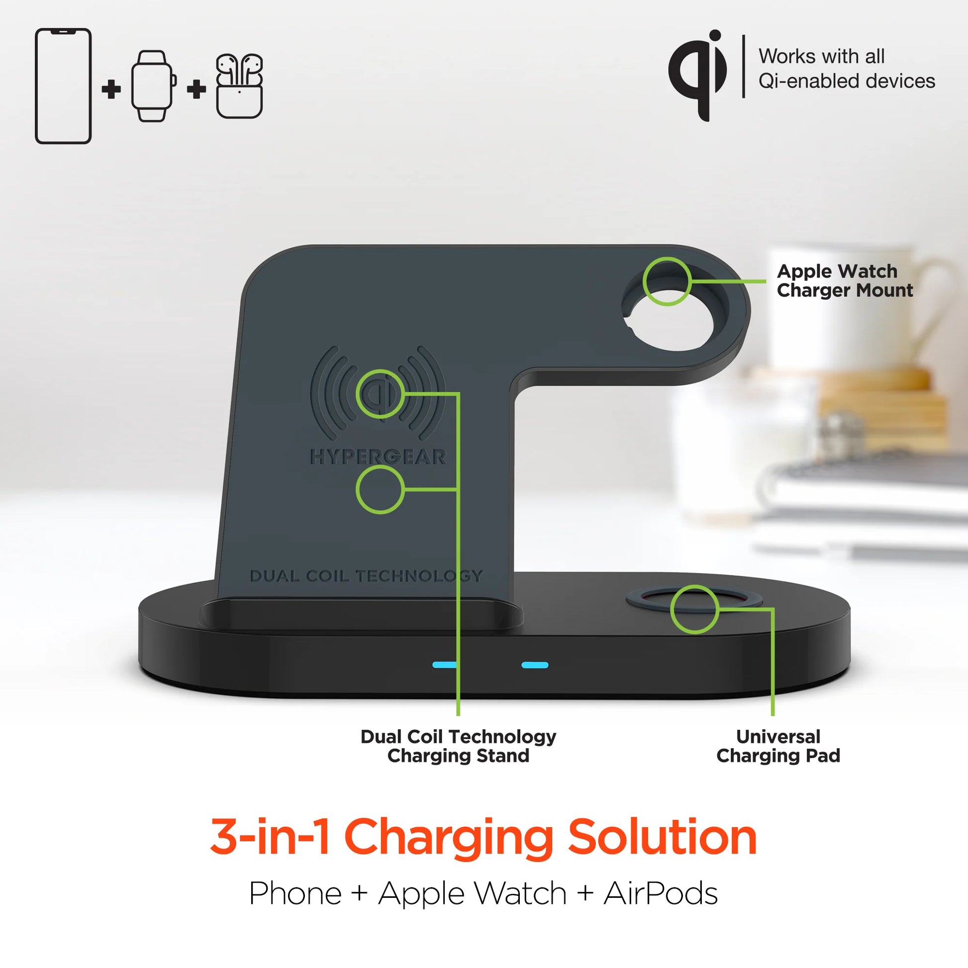 Hypergear 3-In-1 Wireless Charging Dock Black (15328-HYP)