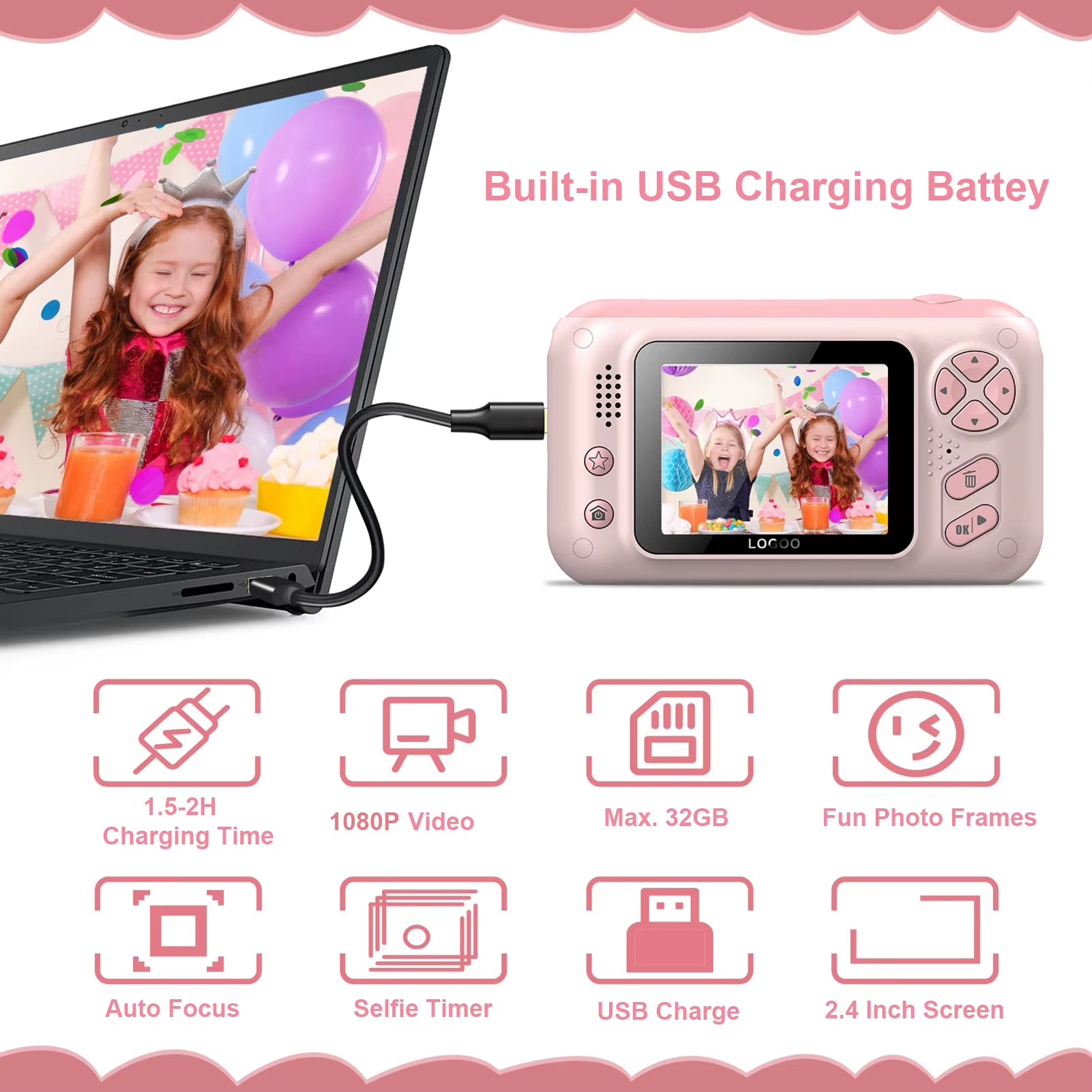 1080P Kids Digital Camera 40MP 2.4 Inch IPS Screen 180° Rotatable Lens with Neck Strap 32G Card Tripod Birthday Christmas Gift