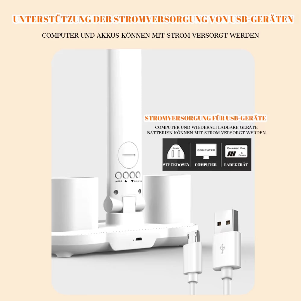 3In1 Multifunction LED Desk Lamp Double Headed Folding Light with Wireless Charger Dimmable Eye-Caring USB Rechargeable Office