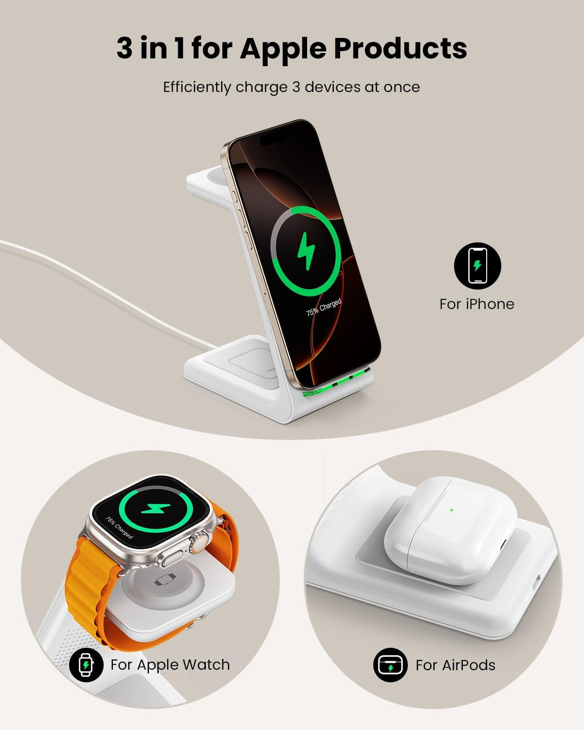 3 in 1 Wireless Charging Station for Apple, Fast Wireless Charger Stand Dock for Iphone 16 15 14 13 12 11 Pro Max plus XR XS X, Apple Watch Ultra/9/Se/8/7/6/5/4/3/2, Airpods Pro/4/3/2