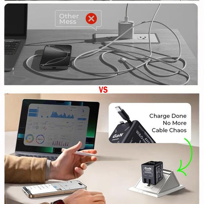 Gan Tech Compatible with 120W 2-In-1 Fast Charger with Retractable Type-C + Lightning Cable, Compact Foldable Charging Block for Iphone, Ipad, Macbook, Galaxy & Multi-Device Charging