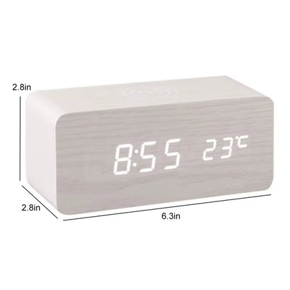 LED Electric Alarm Clock Digital Wooden Clocks with Phone Wireless Charger Snooze and Brightness Adjustable
