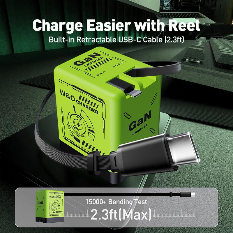 Gan Tech Compatible with 120W 2-In-1 Fast Charger with Retractable Type-C + Lightning Cable, Compact Foldable Charging Block for Iphone, Ipad, Macbook, Galaxy & Multi-Device Charging